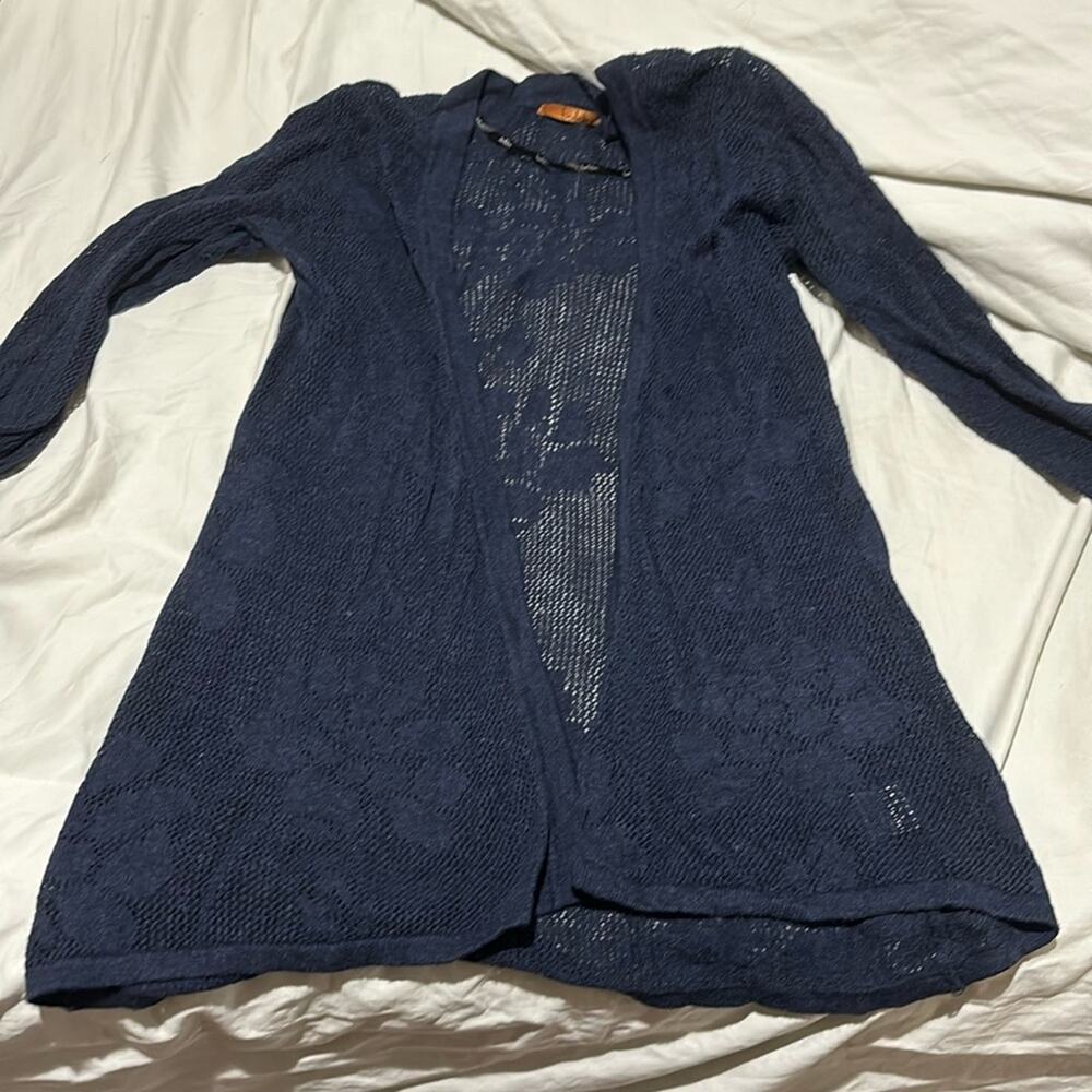 Belldini S navy blue cotton viscose open floral sheer cardigan open front euc